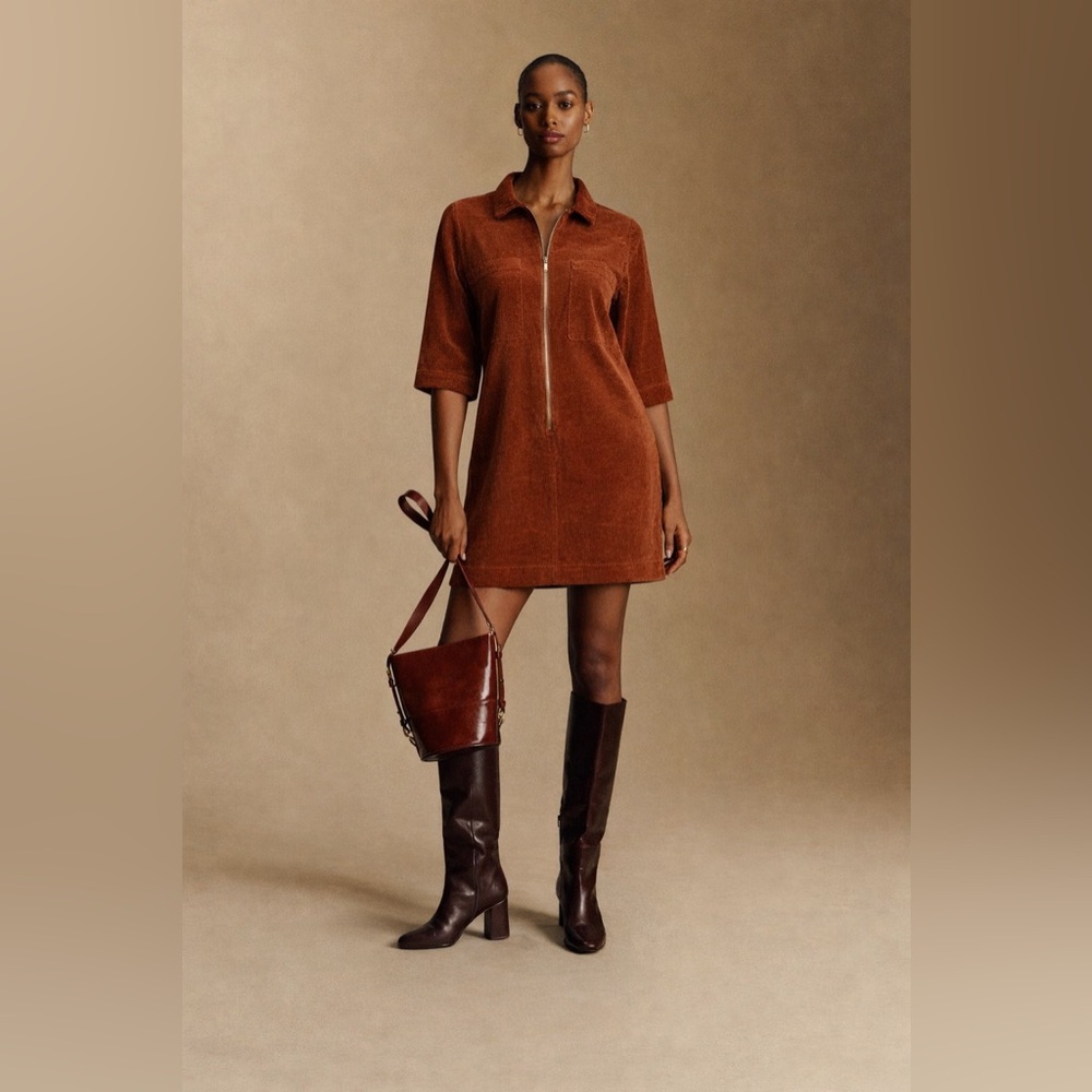 FRANK & OAK - Rust Corduroy Zip Dress Mini Short Sleeve Minimalist Chic